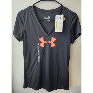Under Armour HeatGear V-Neck‎ T-Shirt Women's Small Black Loose Fit Logo Short S